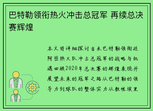 巴特勒领衔热火冲击总冠军 再续总决赛辉煌